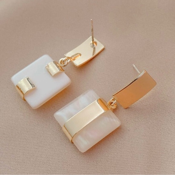 Gold and White Geometric Modern Earrings - Picture 2 of 4